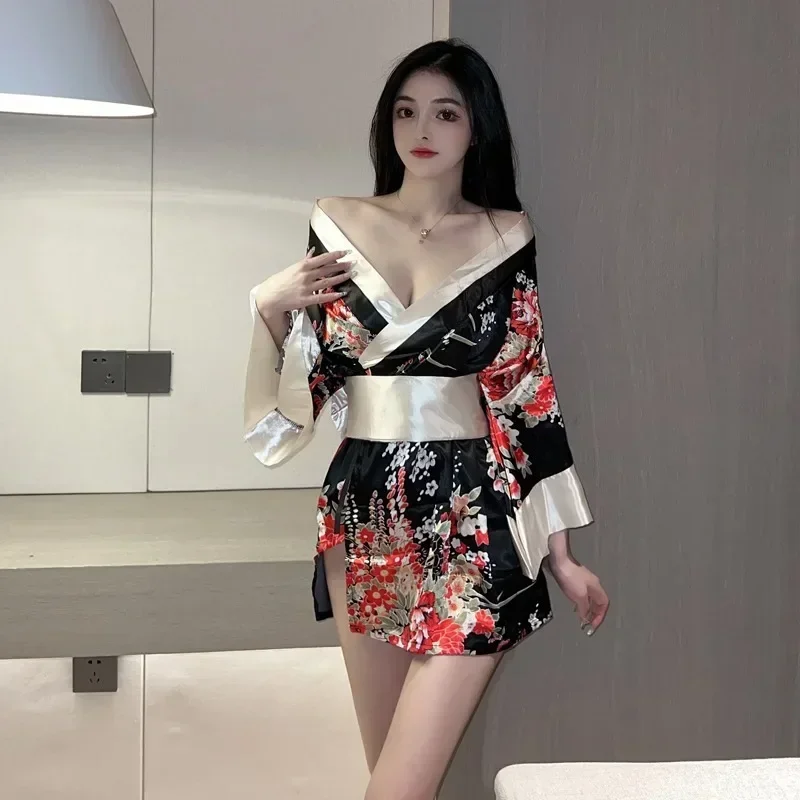 Sexy Lingerie Japanese Kimono Seductive Topless Print Women's Pajama Set Uniform Temptation Sleepwear Traditional Dress Robe Japanese Kimono Japanese Kimono Cardigan Japanese Kimono Shirt