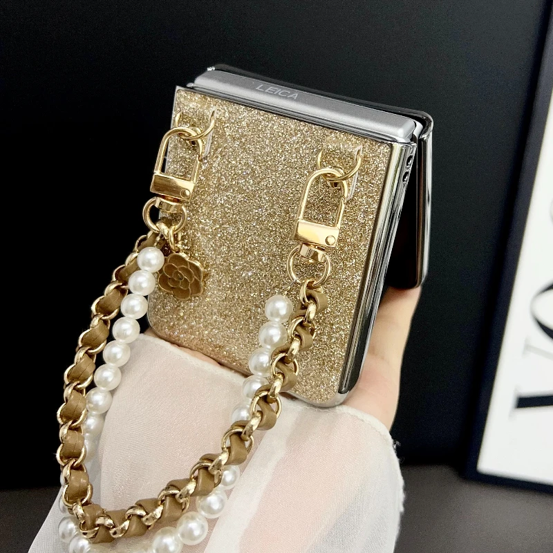 Electroplated Glitter Case with Pearl Bracelet - Solid Color Shockproof Cover