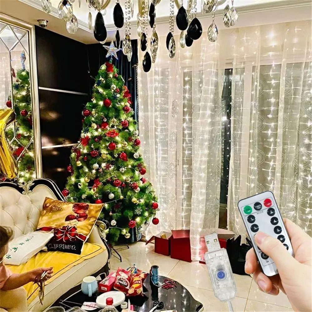 Description Picture 2 of item1pc USB Curtain Lights 8 Modes LED Curtain Fairy Lights with Remote Christmas Decorations for Home Wedding Decor New Year 2025