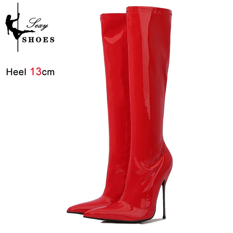 Knee-High Pointy Toe Women Boots 13cm Ultra Thin Steel High Heels Metal Heel Patent Leather Wide Calf Boots for Women Plus Size