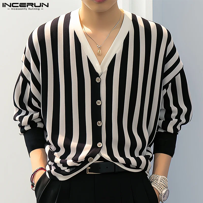 

2024 Men's Striped Shirt Loose V Neck Long Sleeve Button Up Streetwear Casual Men Clothing Korean Fashion Shirts S-5XL INCERUN