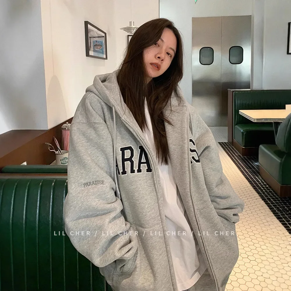 American Oversize Hooded Open Cardigan Zipper Sweatshirt
