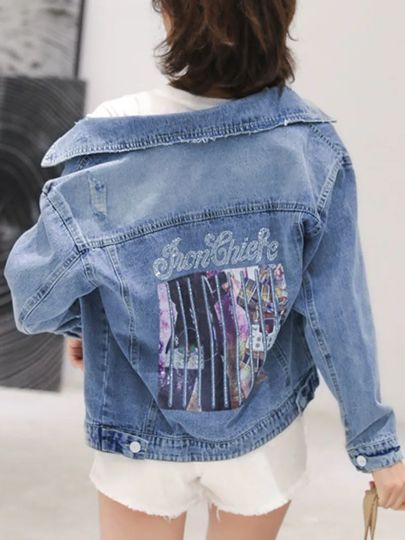 

Spring Autumn New Jean Female Jacket Beaded Printing Single-breasted Denim Jackets For Women Loose Lapel Long Sleeve