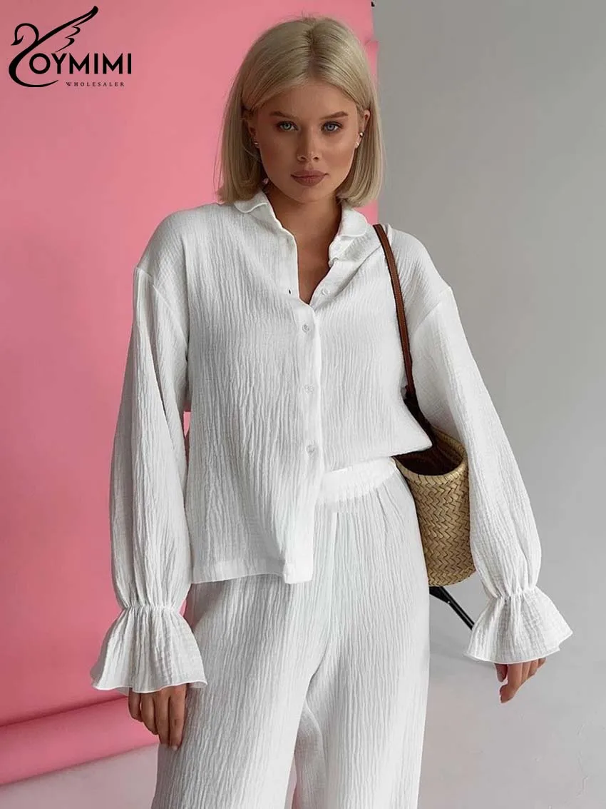 Oymimi Casual Cotton White Two Piece Set For Women Autumn Long Sleeve Single Breasted Shirts And High Waisted Straight Pants Set