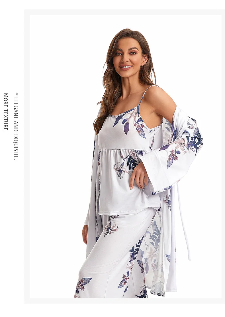 Frauen Pyjamas Baumwolle Weste + Langarm Top + Hose Drei Stück Set Für Hause Kleidung Pijama Feminino Neue nachtwäsche Zum Schlafen – Detail 15