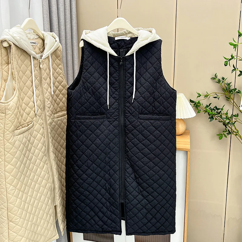 Womens Plus Size Winter Parkas Casual Clothing Simple Block Color Hooded Sleeveless Jacket Curve Argyle Long Padded Coat S6 5705 цена и фото