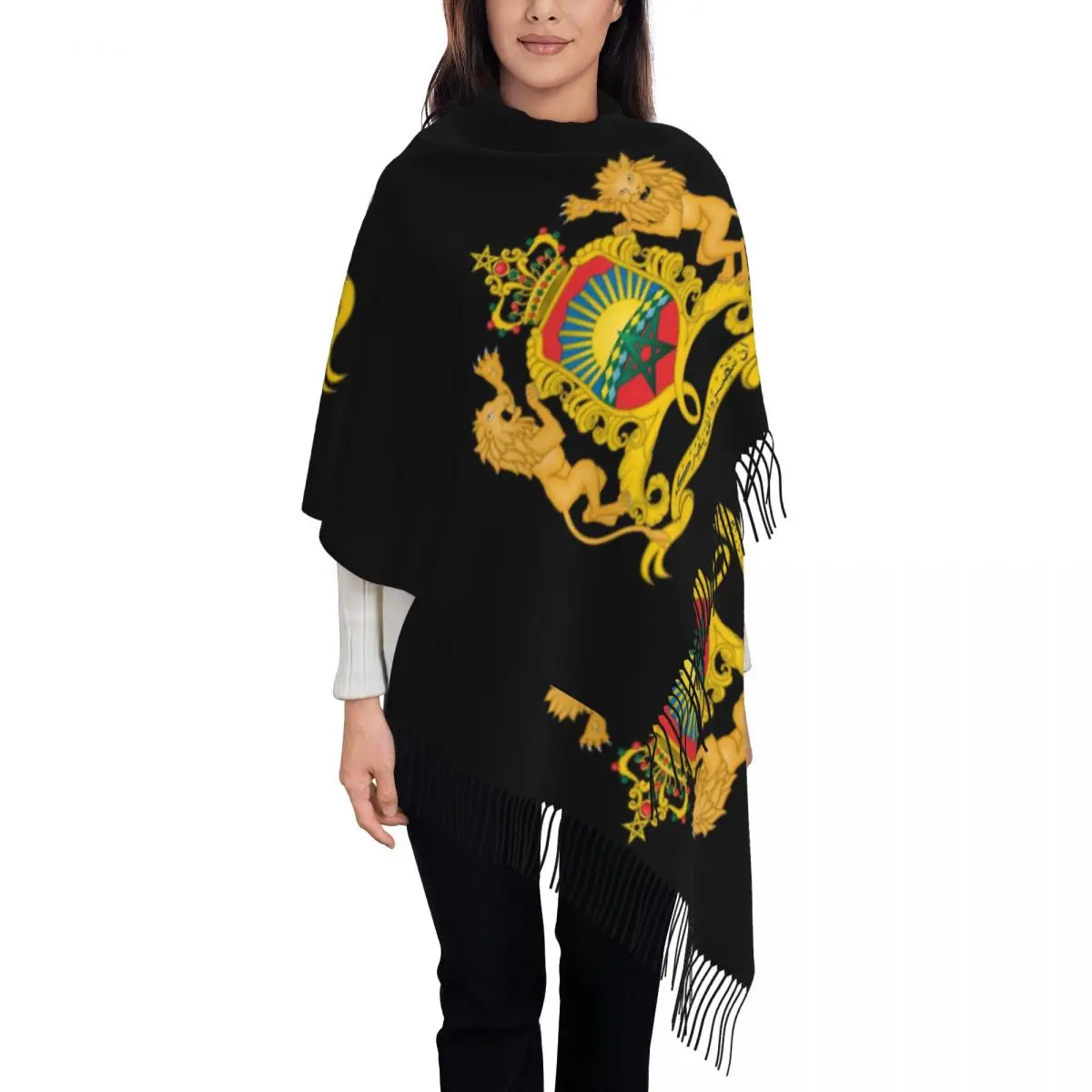 

Шарф с гербом Марокко, Женская шаль из пашмины с национальным марокканским гербом, длинные шарфы с кисточкой, легкие