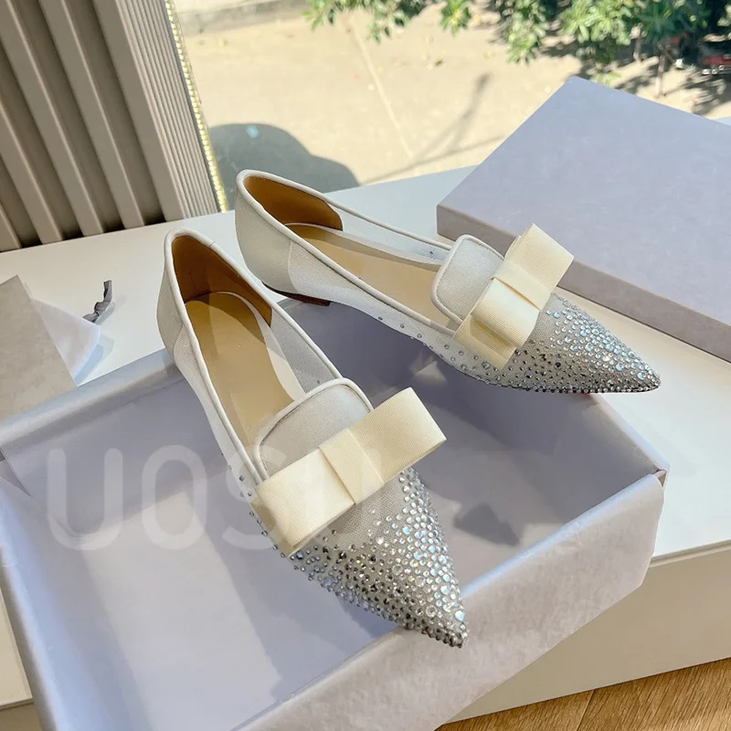 2024 New Women's Flats Designer Mesh Luxury Full Crystal Banquet Ladies Shoes Ventilated Soft Pointed Toe Ballet Shoes Dress