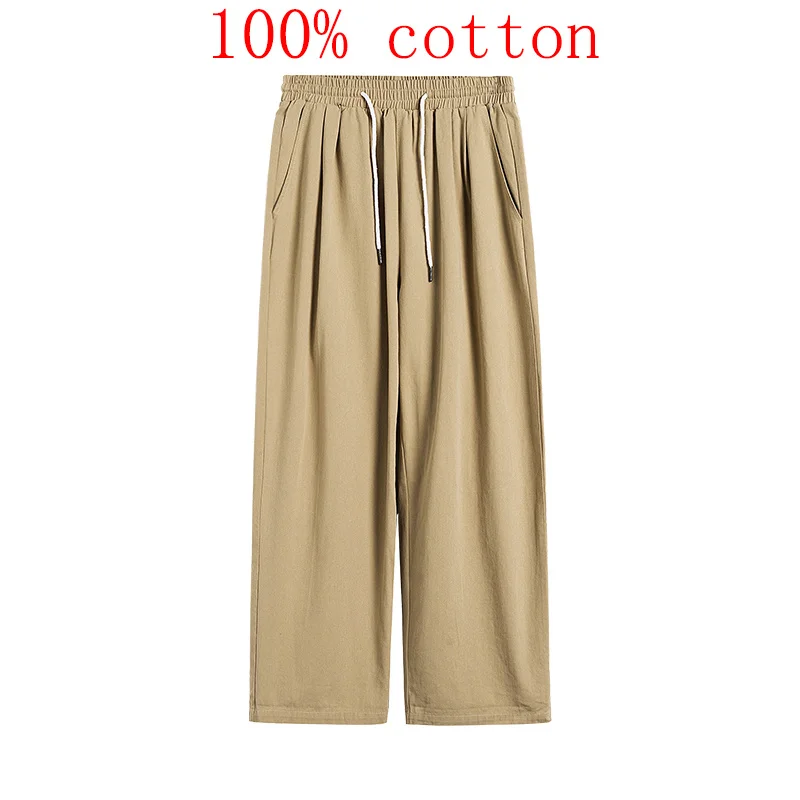 Casual Pant Men Cotton Baggy Wide Leg Pants Ankle Length Elastic Waist Loose Straight Trousers Men