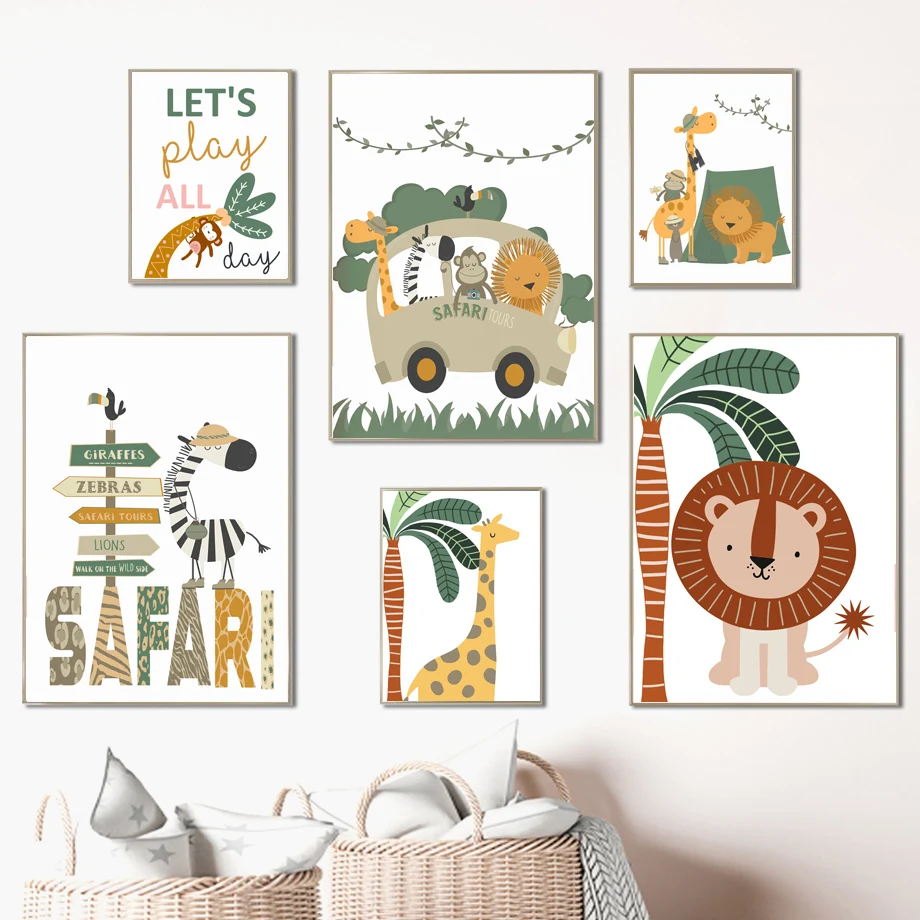 

Giraffe Monkey Elephant Sloth Zebra Bus Jungle Animals Posters And Prints Wall Art Canvas Painting Pictures Kids Room Decor