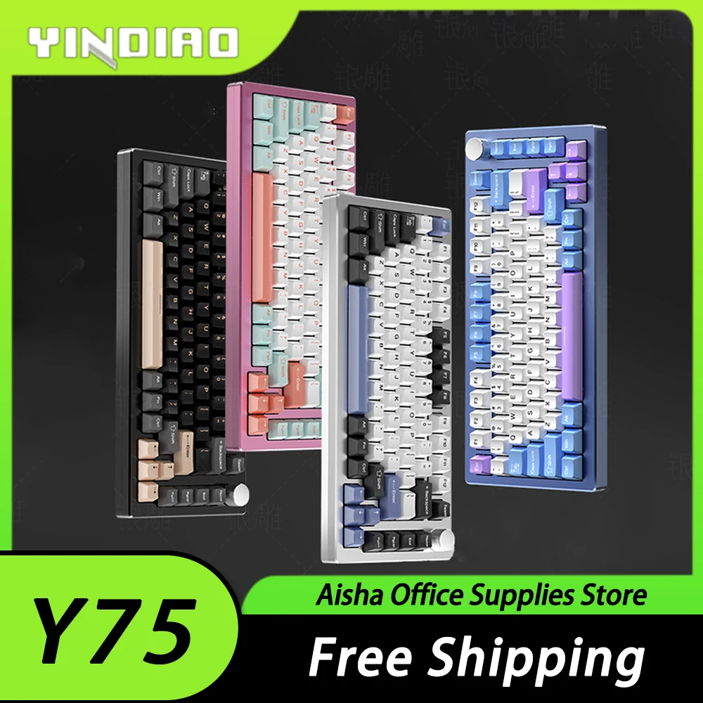 

Yindiao Y75 Mechanical Keyboard Multifunctional Knob Aluminum Alloy RGB Gaming Keyboard Hot Swap Gasket Pc Gamer Accessories Mac