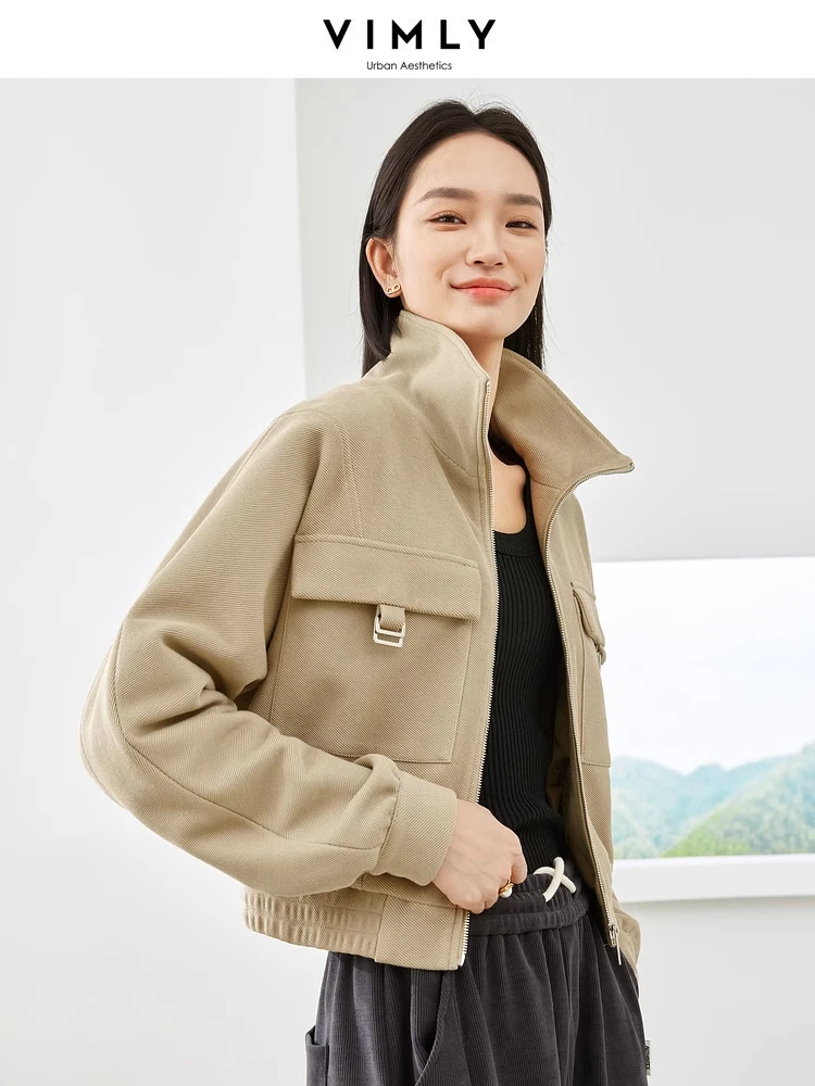 

Vimly Khaki Cotton 100% Lapel Cropped Jacket 2023 Autumn Winter Long Sleeve Quilted Coat Casual Loose New in Outerwears M5129