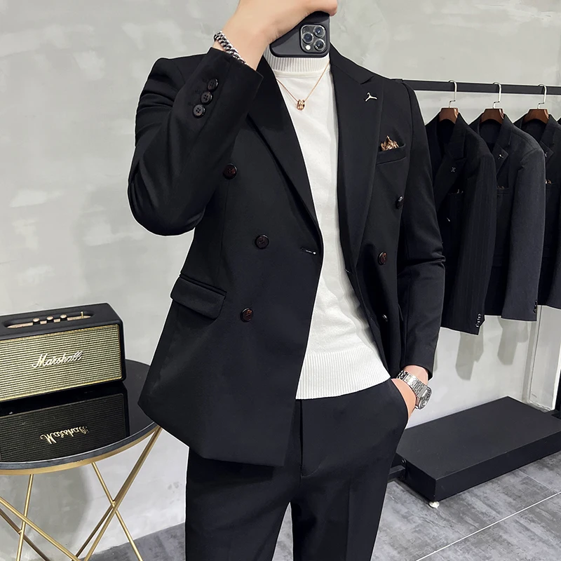 Men Double-Breasted Slim Fit Business Suit Solid Color Two-Piece Set S-7XL Korean Fashion