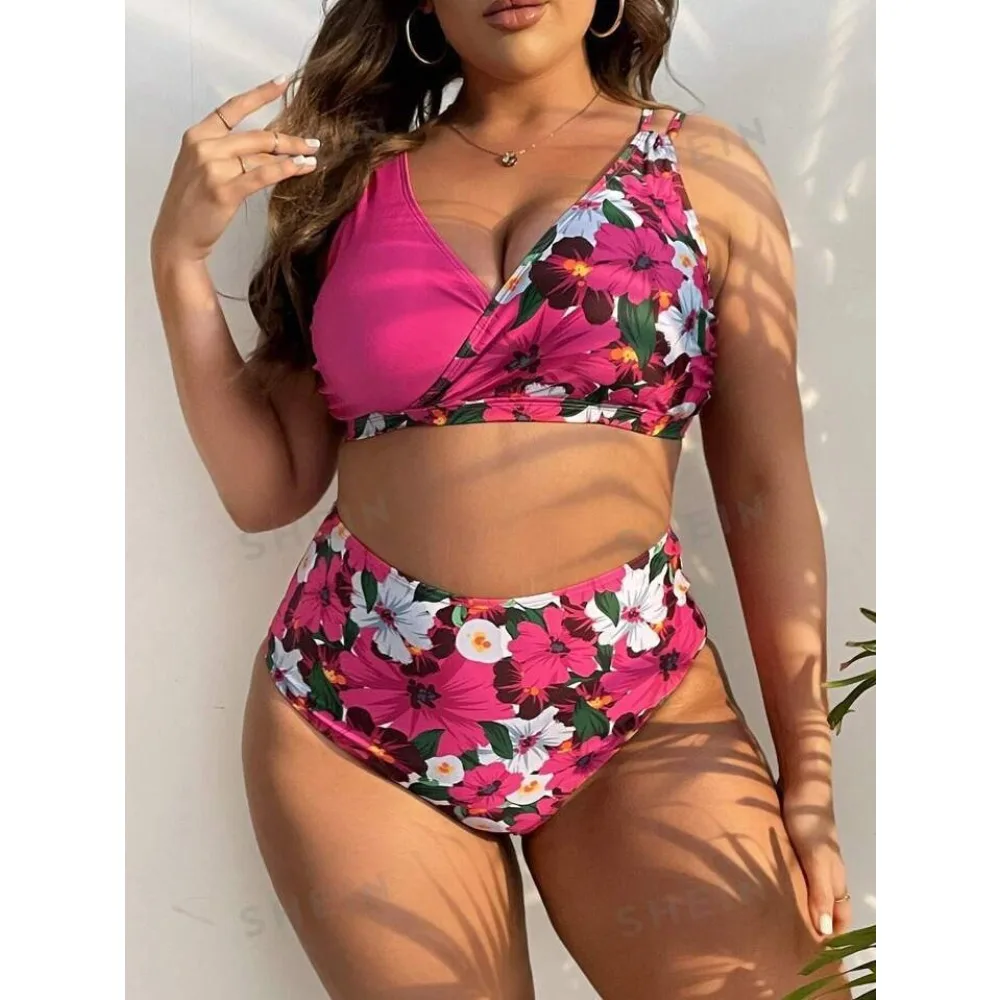 Plus Size Women 2-Piece Bikini Set V-Neck Top High-Waisted Bikinis Floral Leaf Prints Comfortable Beach Swimwear