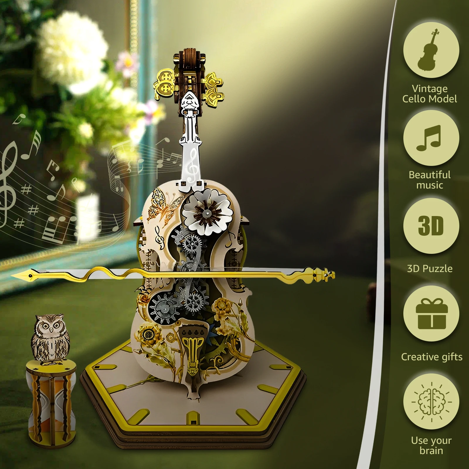 3D Cello Puzzles Wooden Decorative Cello Model Kit Base Creative 3D DIY Music Box Building For Kids Adults Office Home