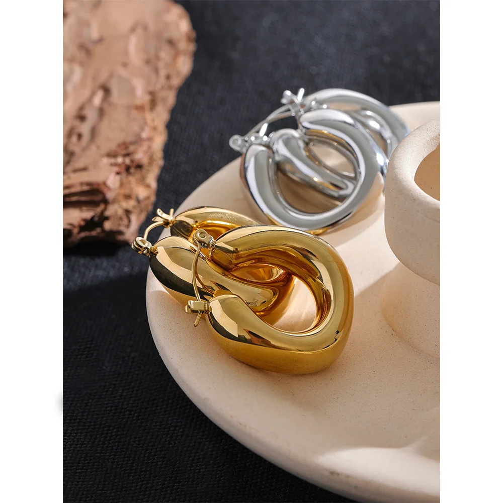 Yhpup High Quality Stainless Steel Round Geometric Chunky Hoops Earrings for Women Charm Metal Simple Fashion Jewelry Waterproof 6