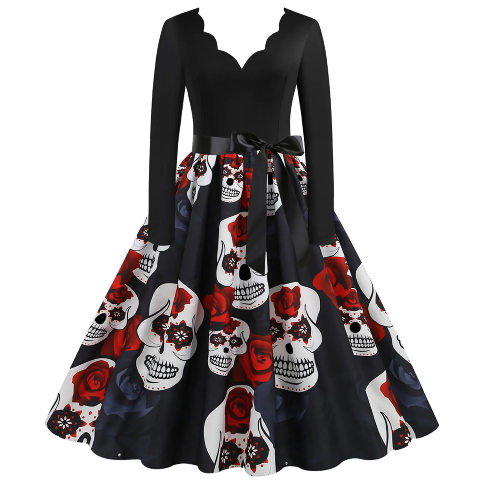 Women Halloween Party Dress Long Sleeve V Neck Bloody Rose Skull Print Black Patchwork Vintage Dress