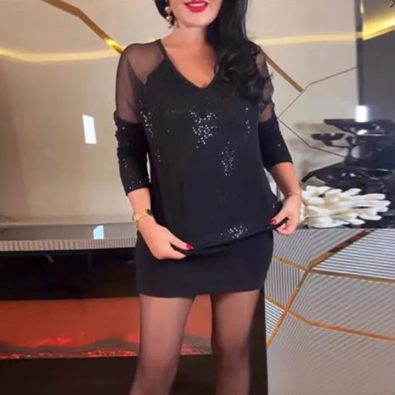 Women Sexy V Neck Sequin Party Dresses 2025 Spring Splicing Mesh Hollow Mini Dress New Autumn Long Sleeve Slim Hip Dress Vestido 3