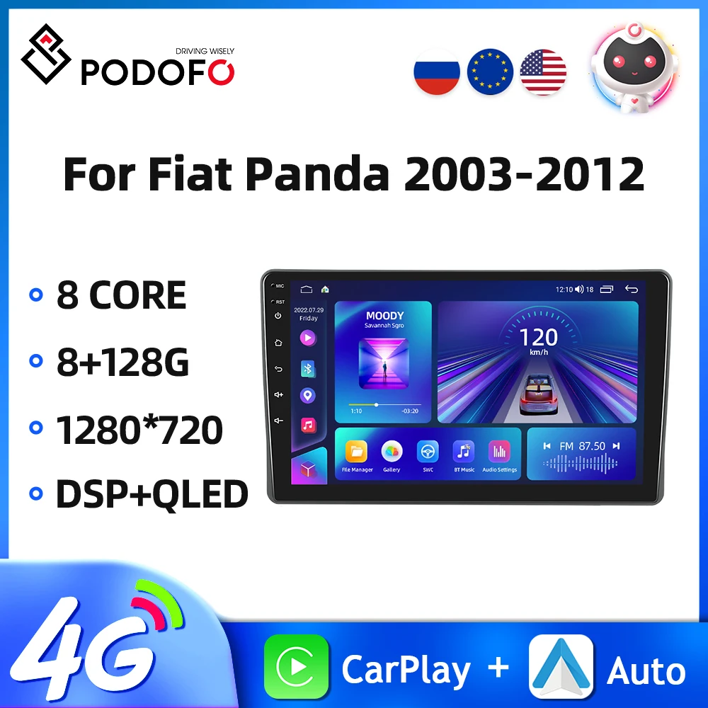 Podofo Android 9''Autoradio Per Fiat Panda 2003-2012 Lettore Video Multimediale Carplay Android Auto 8Core 4G Wifi 8 + 128G Car Audio