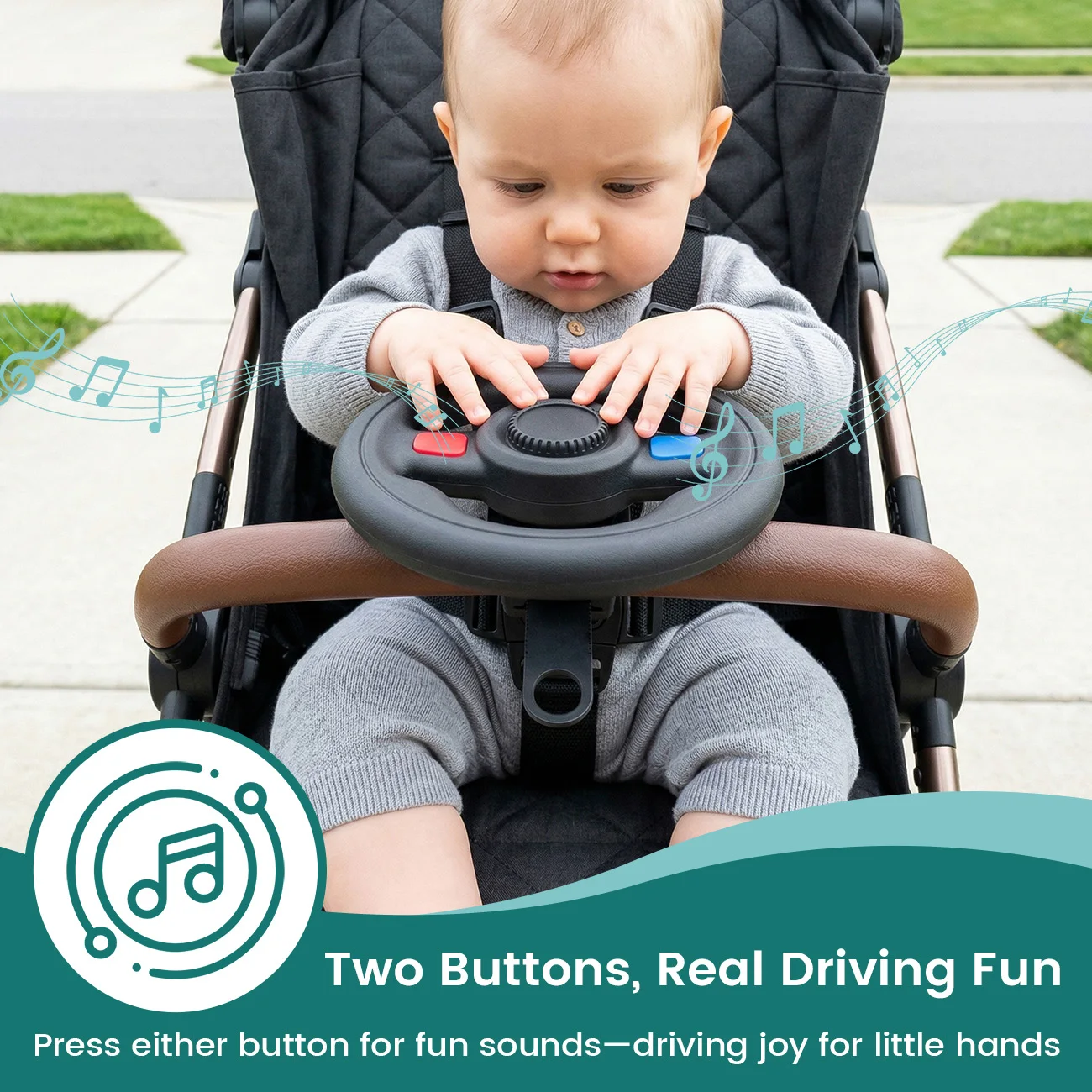 Baby Stroller Steering Wheel Toy, Musical Simulation Driving Toy with Horn Sound, Adjustable Mount 360° Rotatable Toddler Preten