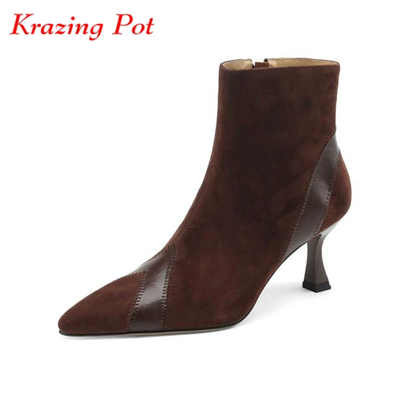 

Krazing Pot Sheep Suede Pointed Toe Winter Warm Fashion Boots Thin High Heels Dance Party Superstar Concise Style Ankle Boots