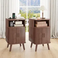 End Table Set with Charging Station, Mid Century Modern Fluted Nightstands with Sliding Tambour Doors, Curved Accent Wood Side 1