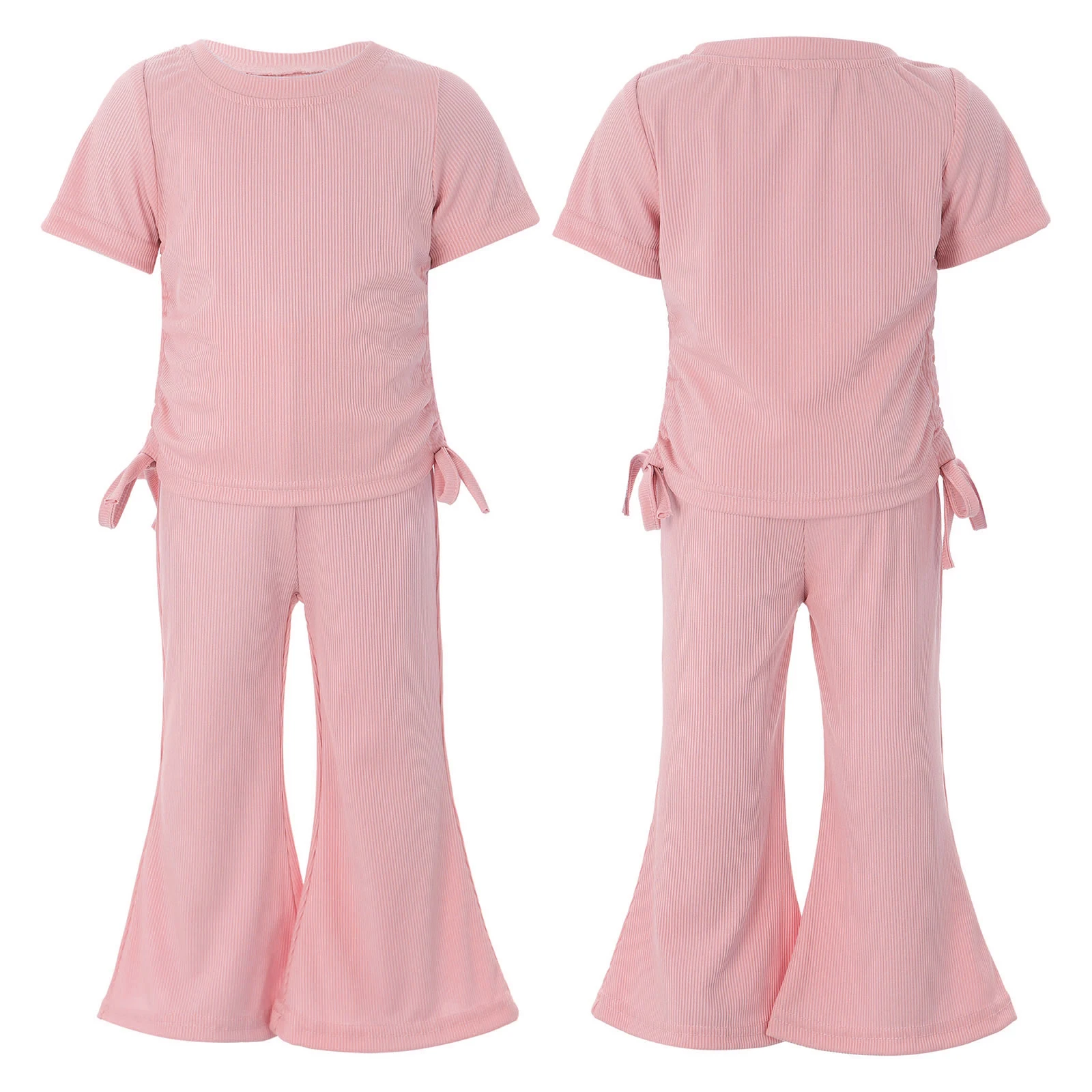 

ZDHoor 2Pcs Toddler Baby Girls1 to 10 Years Summer Clothes Short Sleeve Side Drawstring T-shirt and Flare Pants Casual Outfit