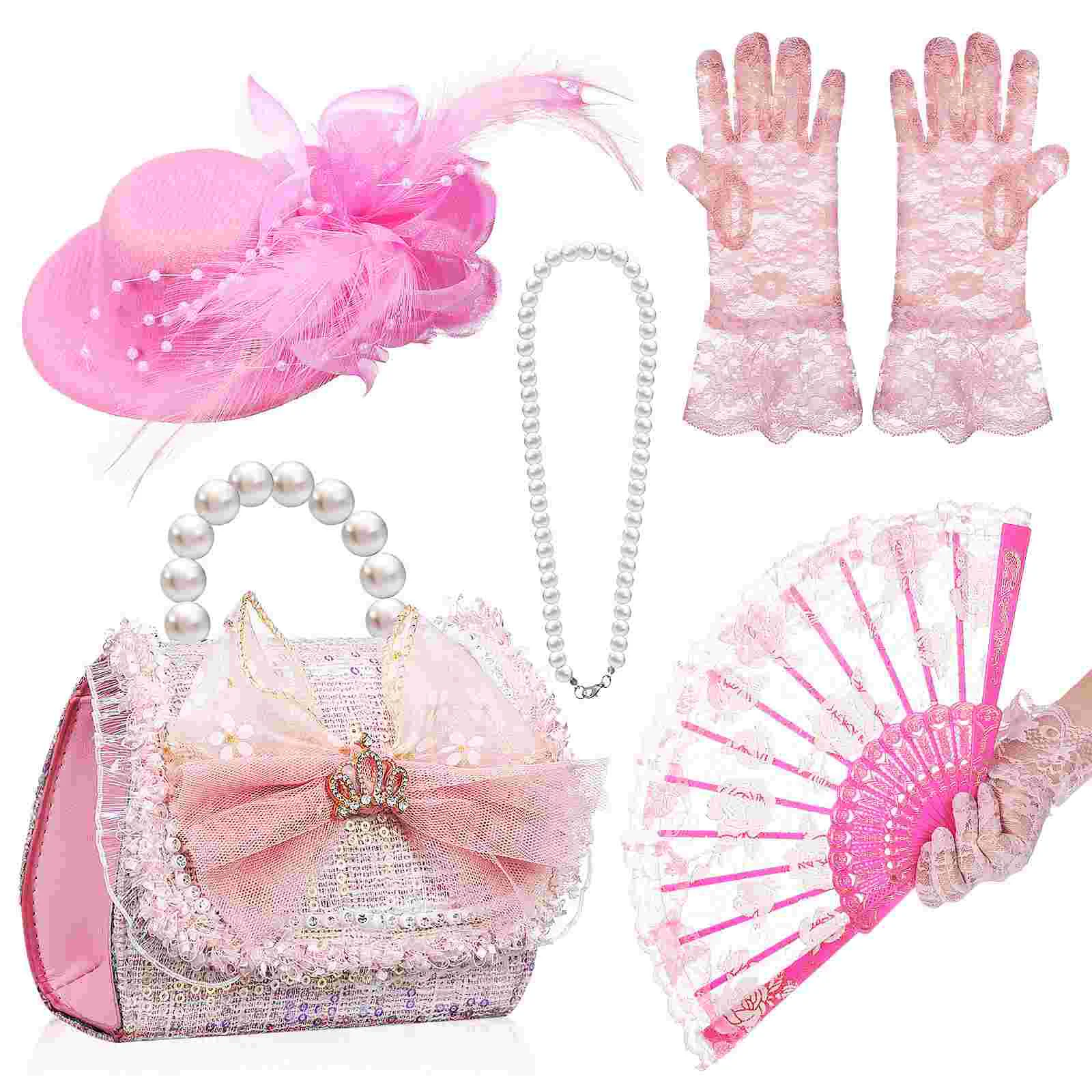 

1 Set Tea Party Accessories Set Hat Fan Chain Bag Pearl Necklace For Small Girls
