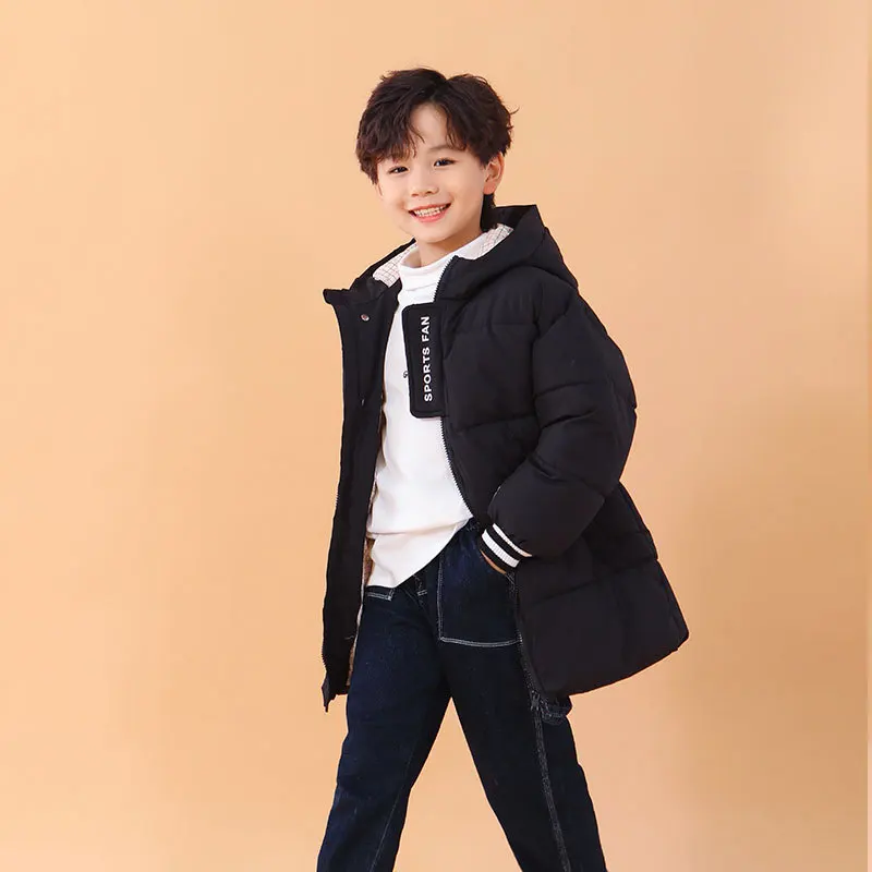 

2023 Winter New Kids Long Down Outerwear Clothes Boys Girl Letter Print Parka Hooded Coat Teenage Children Thicken Warm Snowsuit