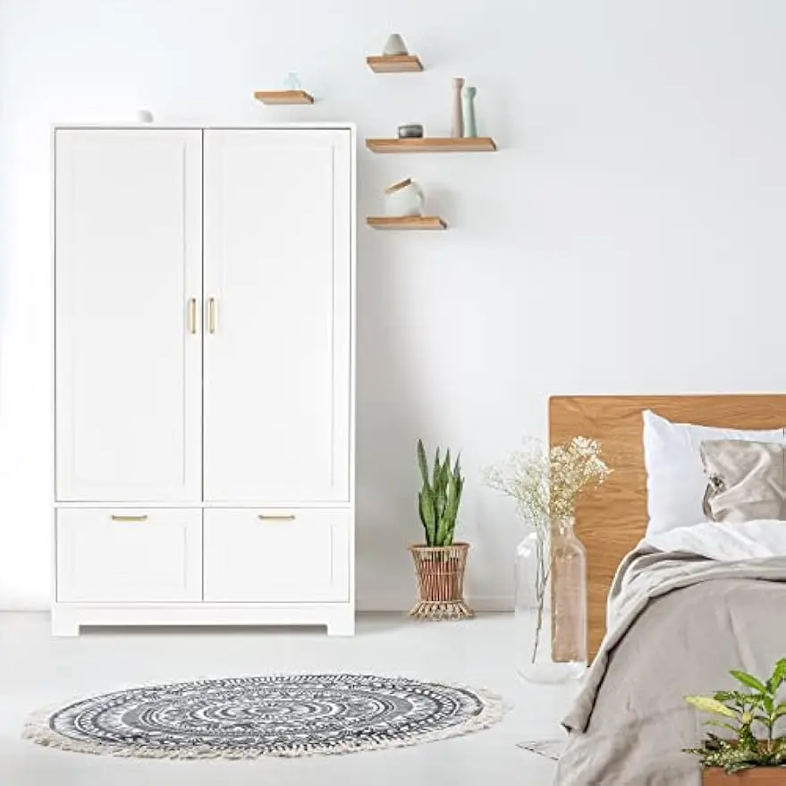 Wide White Armoire Wardrobe Closet with Adjustable Shelves and Drawers, 60" Freestanding Closet Wardrobe Cabinet, Armoires and W