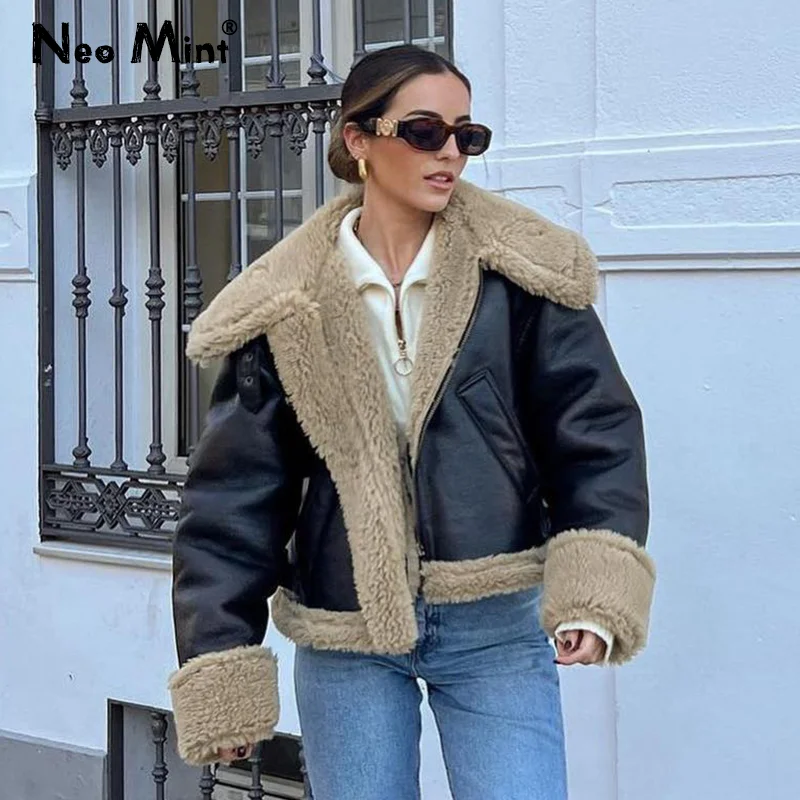Chic Street Fashion Girls Faux Lamb Leather Fur Short Jacket Donna Winter Soprabito Moto Biker Cappotto Di Montone Caldo Spesso Outwear