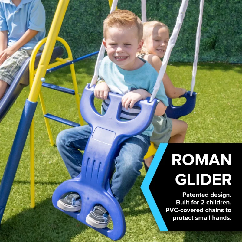 Super Star Metal Swing Swing Set with 6ft Slide, Saucer Swing & Glider