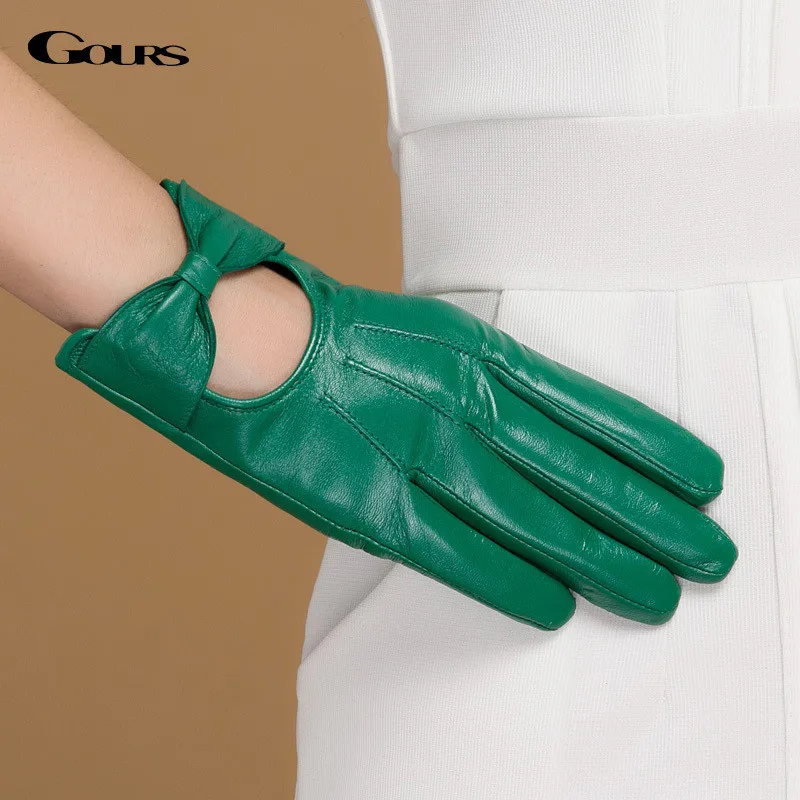 

GOURS Winter Real Leather Gloves Women Green Genuine Goatskin Gloves Thin Lined Warm Driving Fashion Rosette Mittens New GSL044