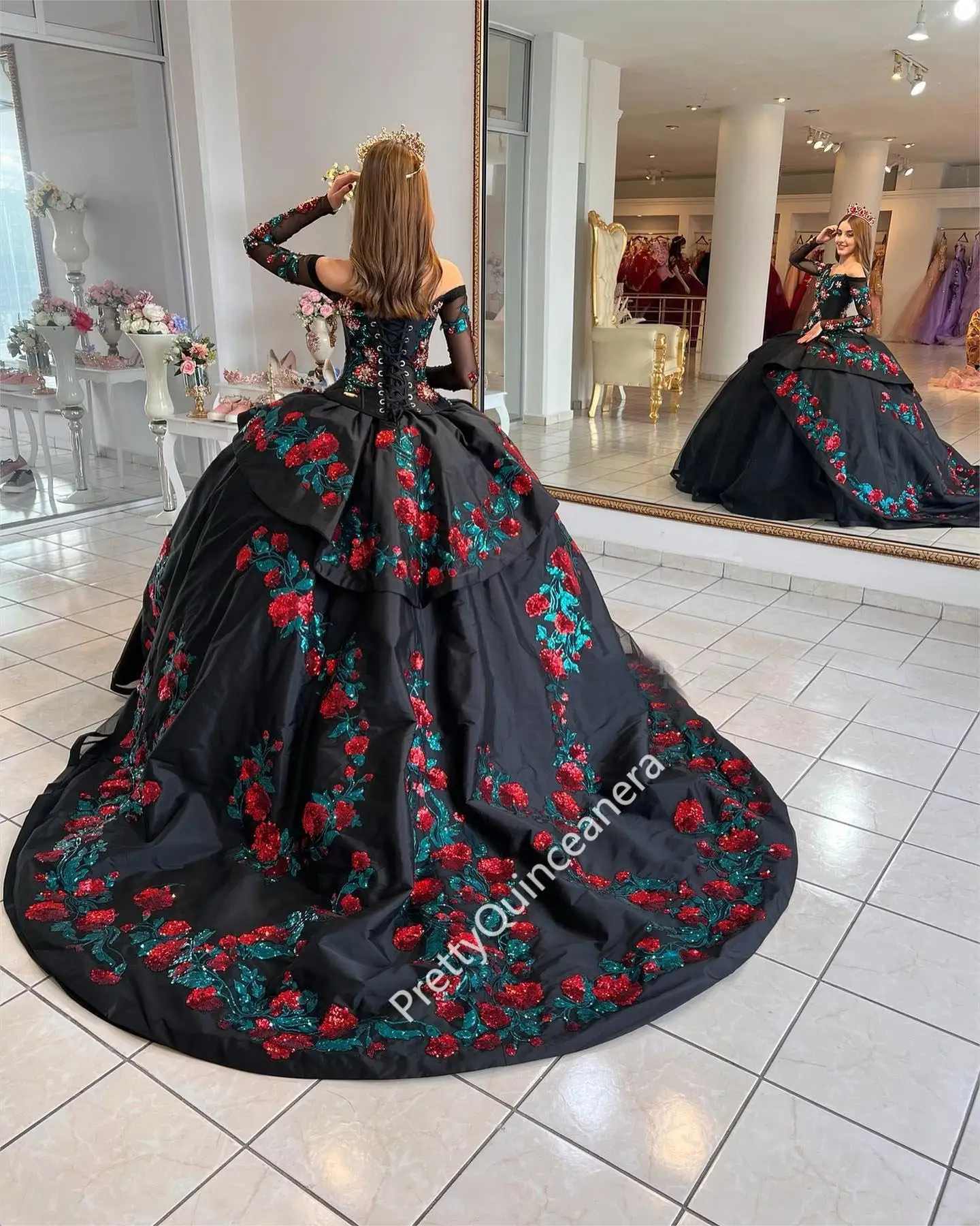 long sleeve long floral dress Frill Trim Flounce Plunge Maxi – Perfect Little Peach catching ruffled layer design Black And Gold Sequin Select Color:Custom Colors(Add Note in Cart) private2026