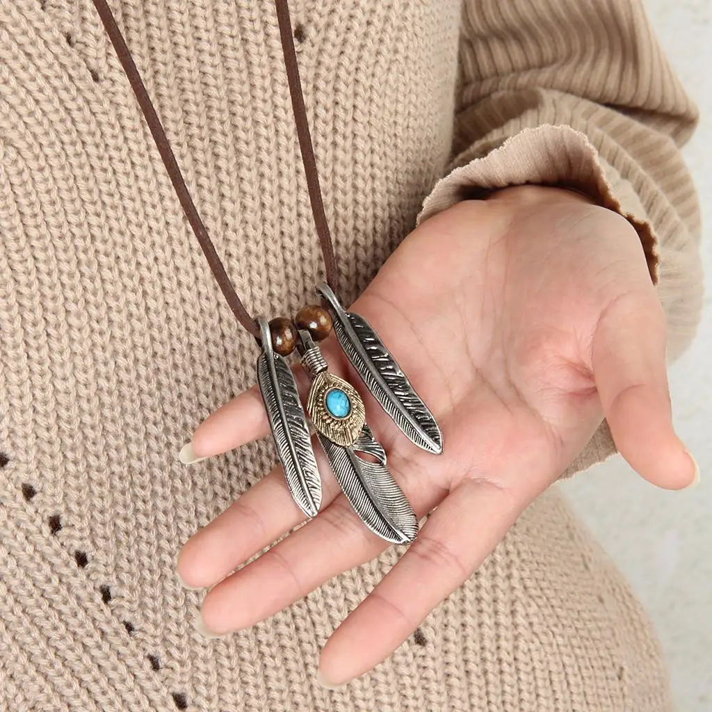 Vintage Alloy Tibetan Silver Turquoise Feathers Charms Necklace