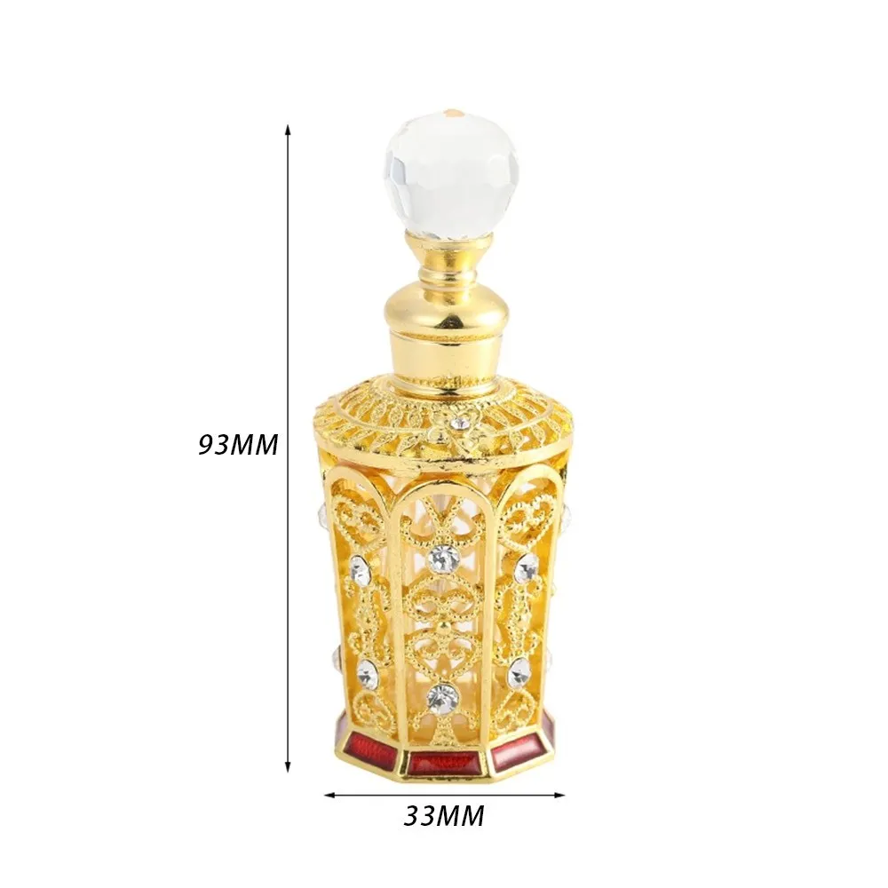 Botella de Perfume chapada en oro de 12ML, tapa de cristal con grabado de diamantes, Estilo Vintage, Boca Grande, Sub-embotellado, aceite esencial, regalo de belleza