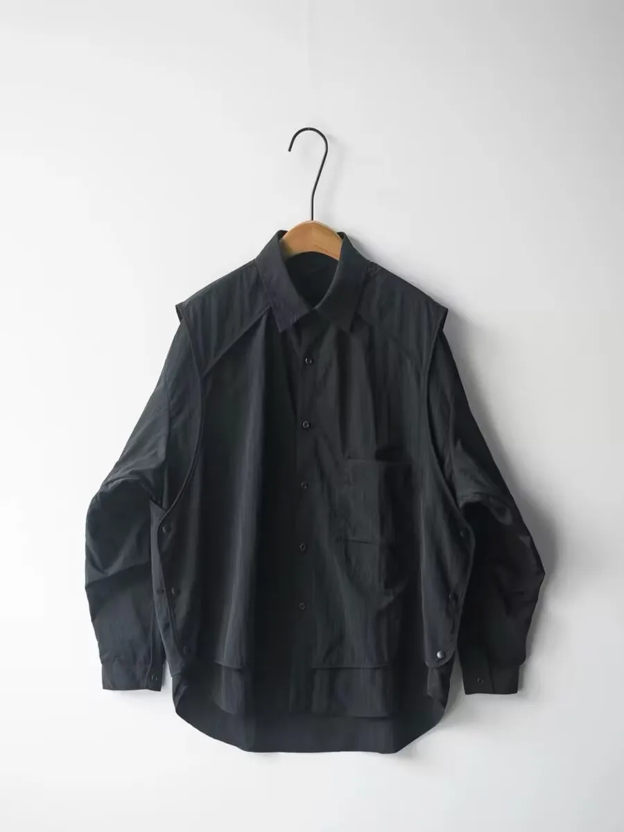 Chemise noire à manches longues pour hommes, design ample, veste décontractée, costume, haut pour hommes MD08