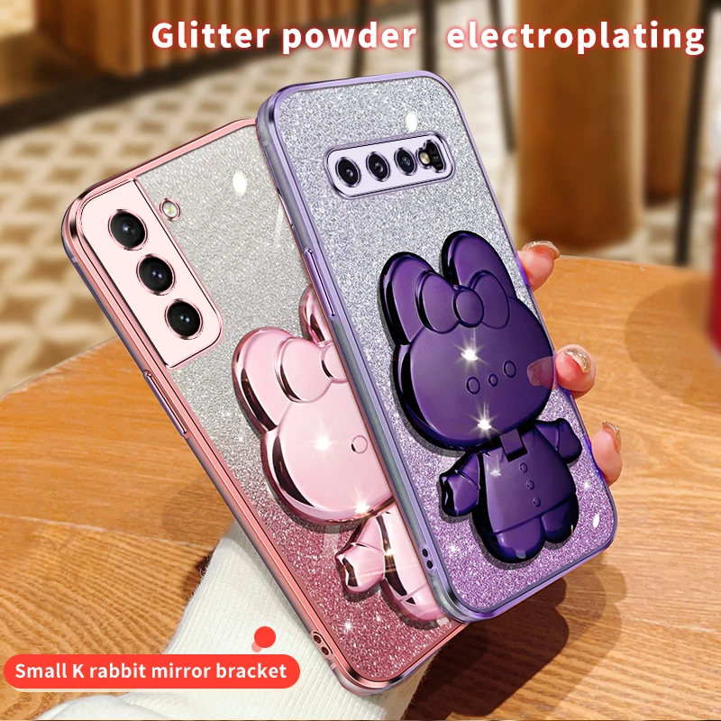 Étui de support de miroir de maquillage de lapin à paillettes pour Samsung Galaxy Note 20 Ultra Plus S10Plus S10 plus S 10 Soft Cover_voghion.com
