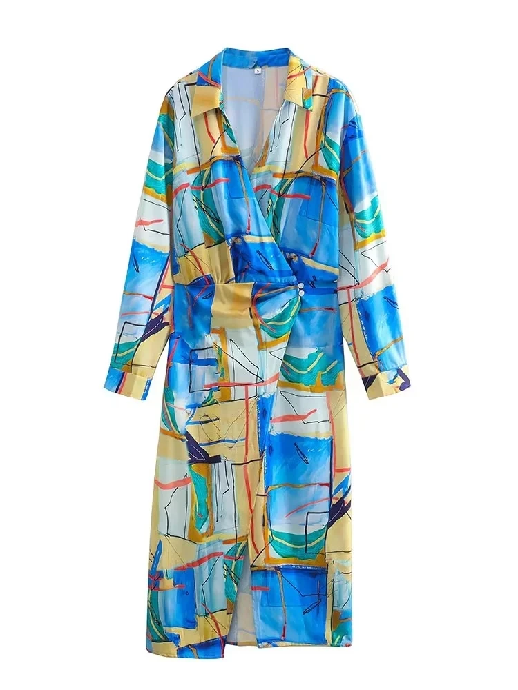 

TRAF 2023 spring and summer new elegant printed dress casual office ladies lapel V-neck long-sleeved front slit pleated long dre