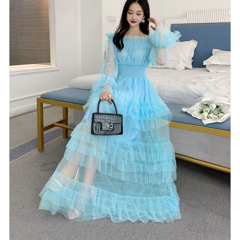 Thin High Waist Long Dress for Women 2026 Off-Shoulder Ruffled Cake Mesh Dresses Y2K Fashion Summer Elegant Luxury Party Vestido