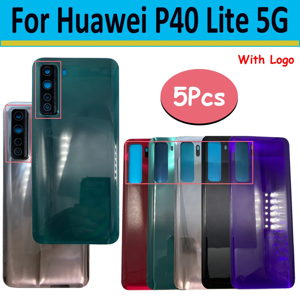 

5Pcs，NEW For Huawei P40 Lite 5G Battery Cover Back Glass Rear Battery Cover Door Housing With Camera Lens Frame With Stickers