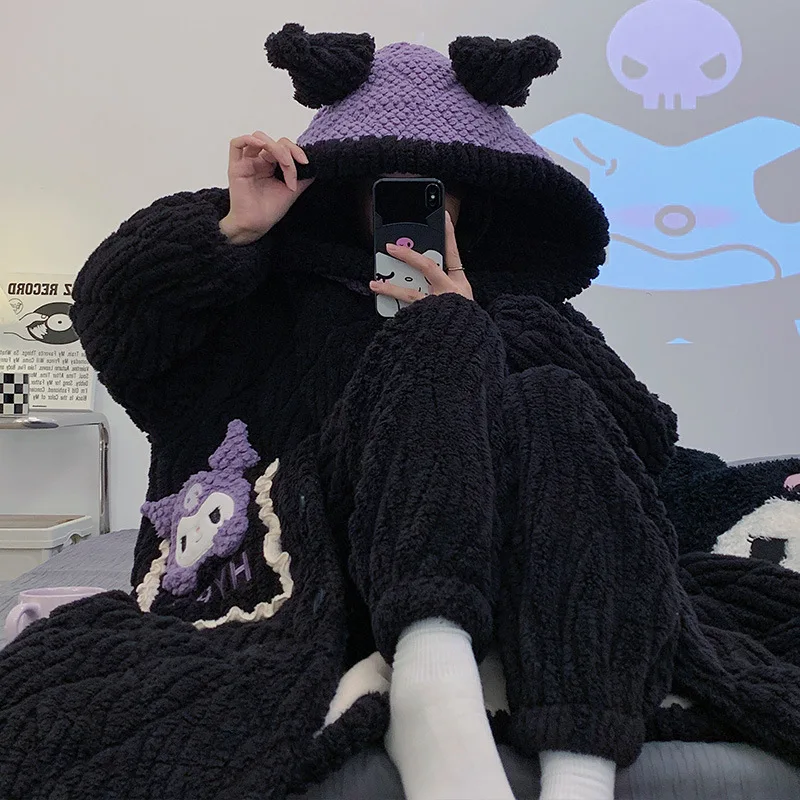 

Kawaii Sanrio Kuromi Pajamas Cartoon Cute Girls Winter Styles Coral Velvet Triple Layer Cotton Hooded Kids Toys Two Piece Set