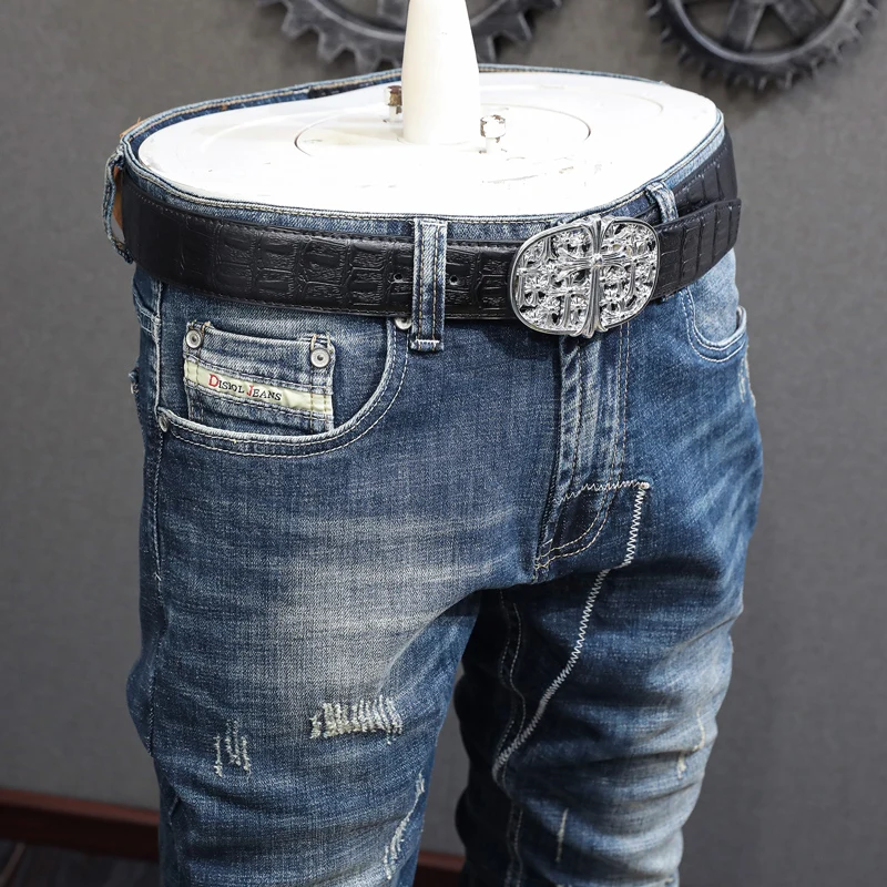 Italian Style Fashion Men Jeans Retro Blue Elastic Slim Fit Ripped Jeans Men High Quality Vintage Designer Denim Pants Hombre
