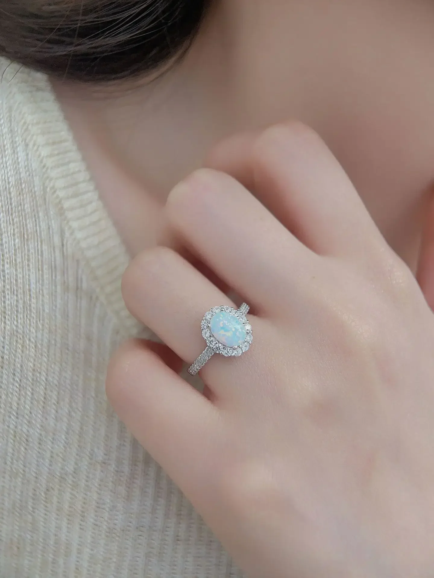 Ladies Sterling 925 Silver Ring Inlaid with Zircon and Blue Opal with Noble Exquisite Style Ladies Sterling 925 Silver Ring Inlaid with Zircon and Blue Opal with Noble Exquisite Style