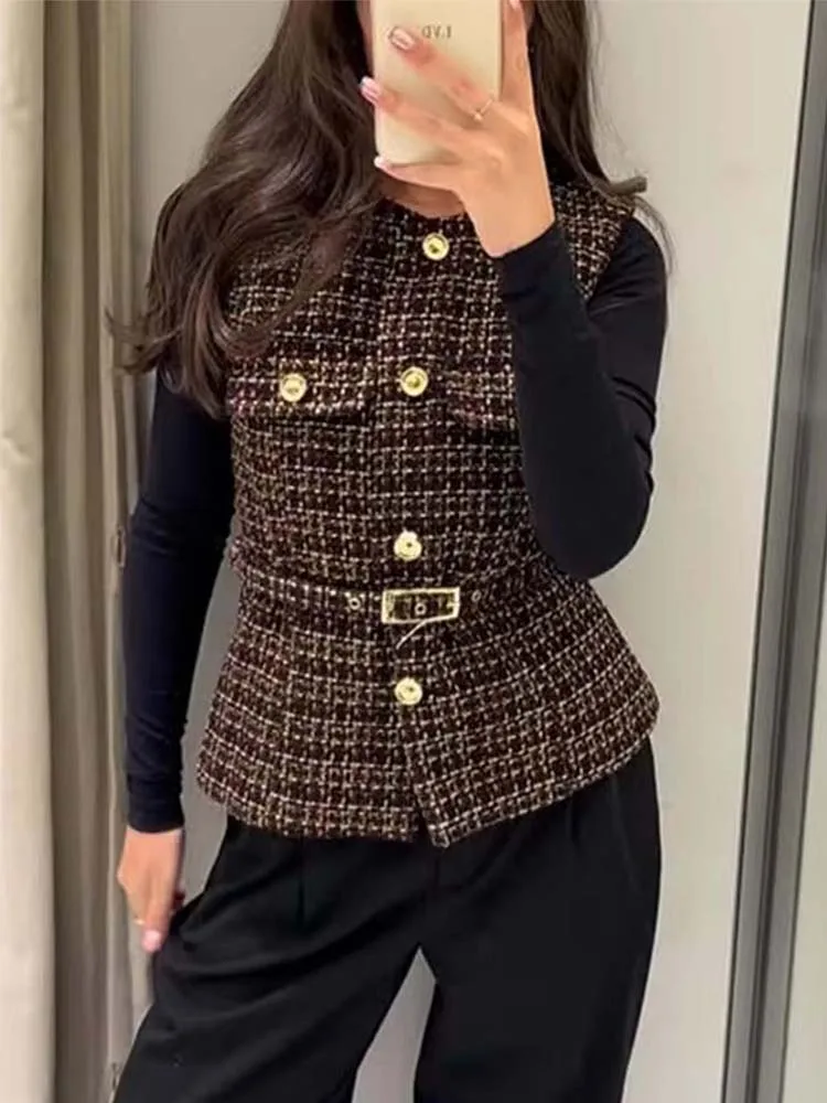 Women's Vest Autumn 2025 New Fashion Textured Waistcoat Woman Button Sleeveless Vests for Women Chic With Belt Outerwears