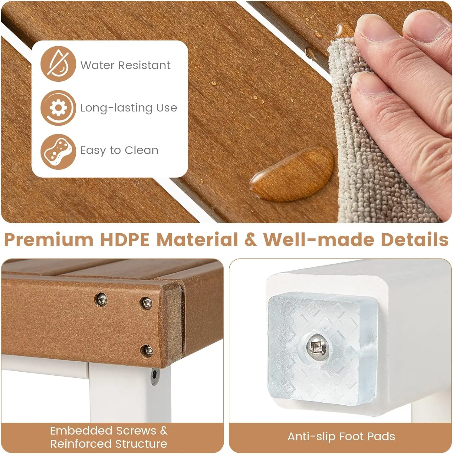Shower Bench Stool, Waterproof HDPE Shower Seat with Storage Shelf for Shaving Legs, Non-Slip Foot Pads(Brown & White) 4