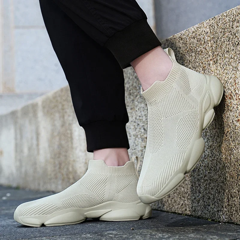 

Весна 2024, вязаные мужские кроссовки, дышащая обувь для бега для мужчин, легкая обувь с высоким верхом, модная мужская обувь, большой размер 48