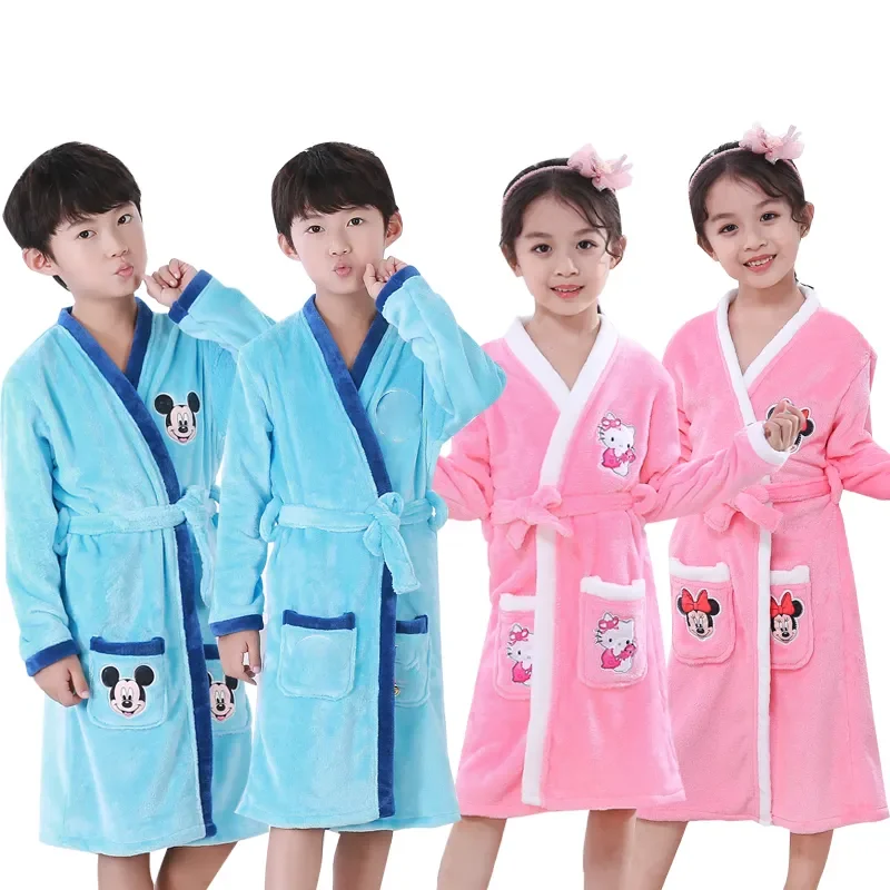 New Mickey Mouse Minnie Autumn Winter Kids Thicken Flannel Bathrobe Baby Boy Girls Cartoon Soft Warm Clothes Hello Kitty Pajamas