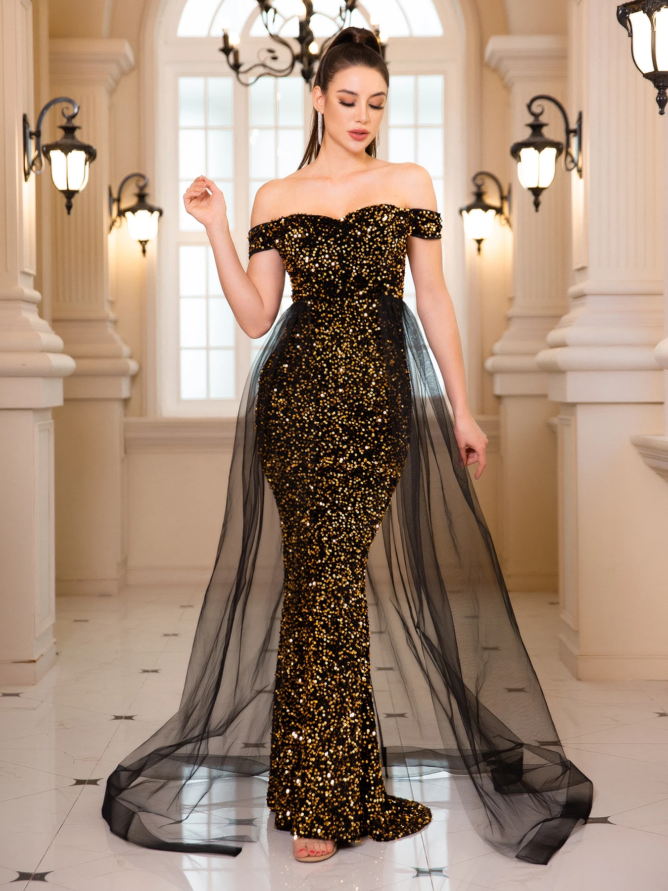 

Off The Shoulder Evening Party Dress Mesh Train Backless Stretch Bodycon Wedding Prom Gown Sparkle Sequin Velvet Pink Gold Black