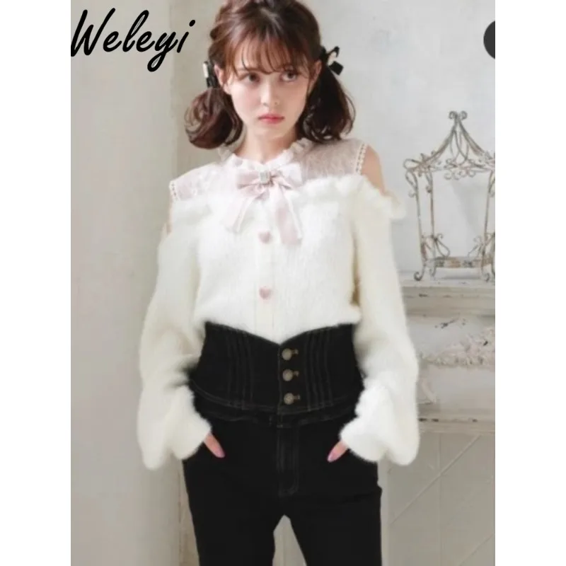 

Japanese Lolita Cute Bow Off Shoulder Sweater Ladies Autumn Sweet Women's Fury Lace Stitching Slim Fit Long Sleeve Knit Jumper